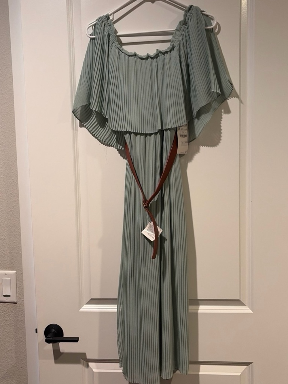 Zara Pleated Off-Shoulder Maxi Dress in Sage Green with Brown Belt